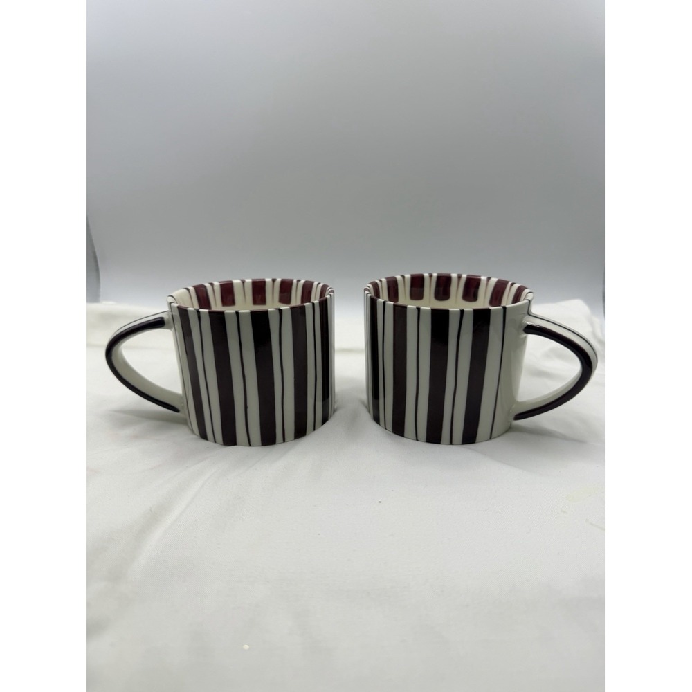 Noon & Moon Cherry Lacquer Striped Ceramic Mugs Set of 2 NEW